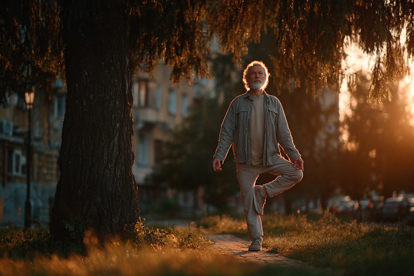 Възрастна жена практикува дихателни упражнения в природата